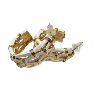Vintage White Enamel Bamboo Half Hoop Earrings Gold Tone